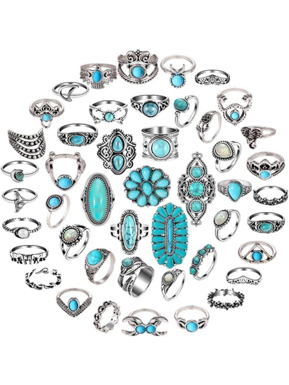 Bohemian Vintage Silver Knuckle Ring Set for Women - Turquoise Stackable Midi